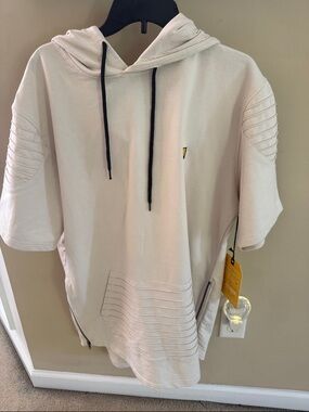 Men's Cream Short-Sleeve Hoodie with Black Drawstrings
